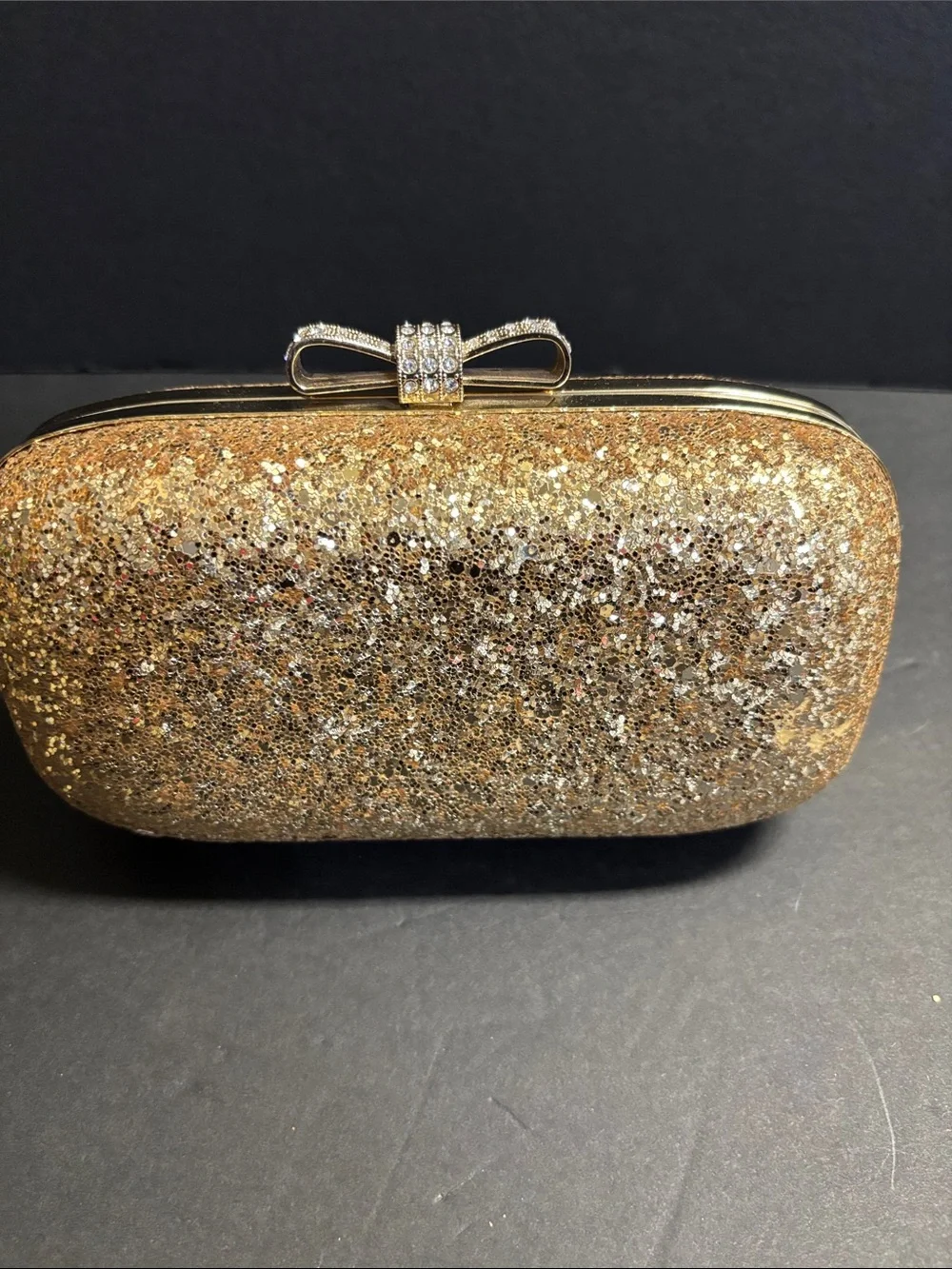 INC International Concepts Gold Glitter Bow Hardcase Clutch